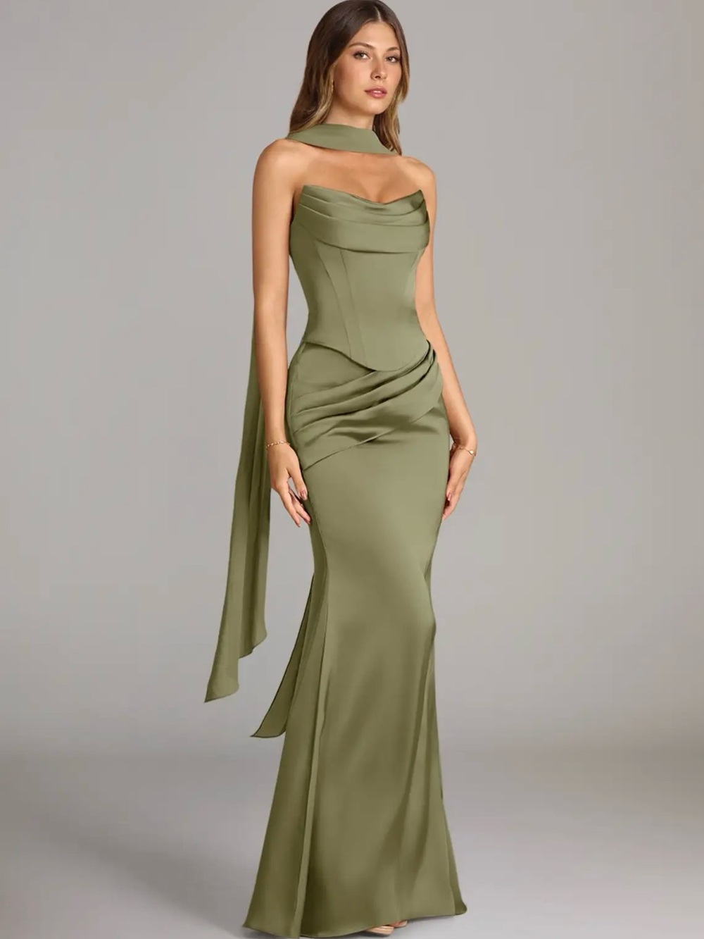 Olive Green Draped Satin Evening Gown - Picture 1 of 6